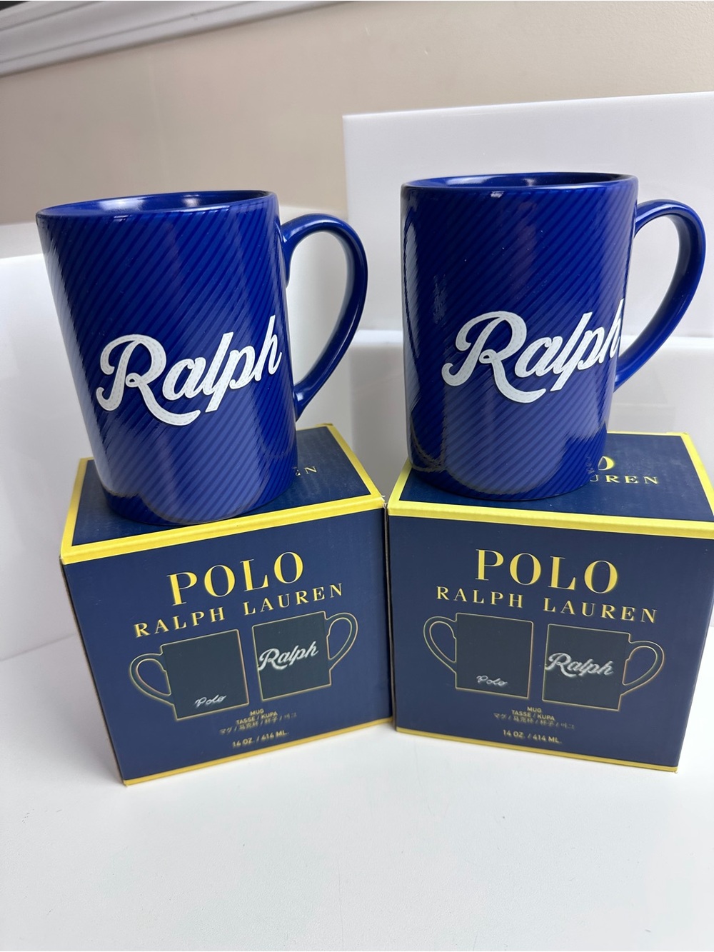 Polo Ralph Lauren Home Ralph Coffee Mugs Cups NIB set of 2 Preppy Blue & White